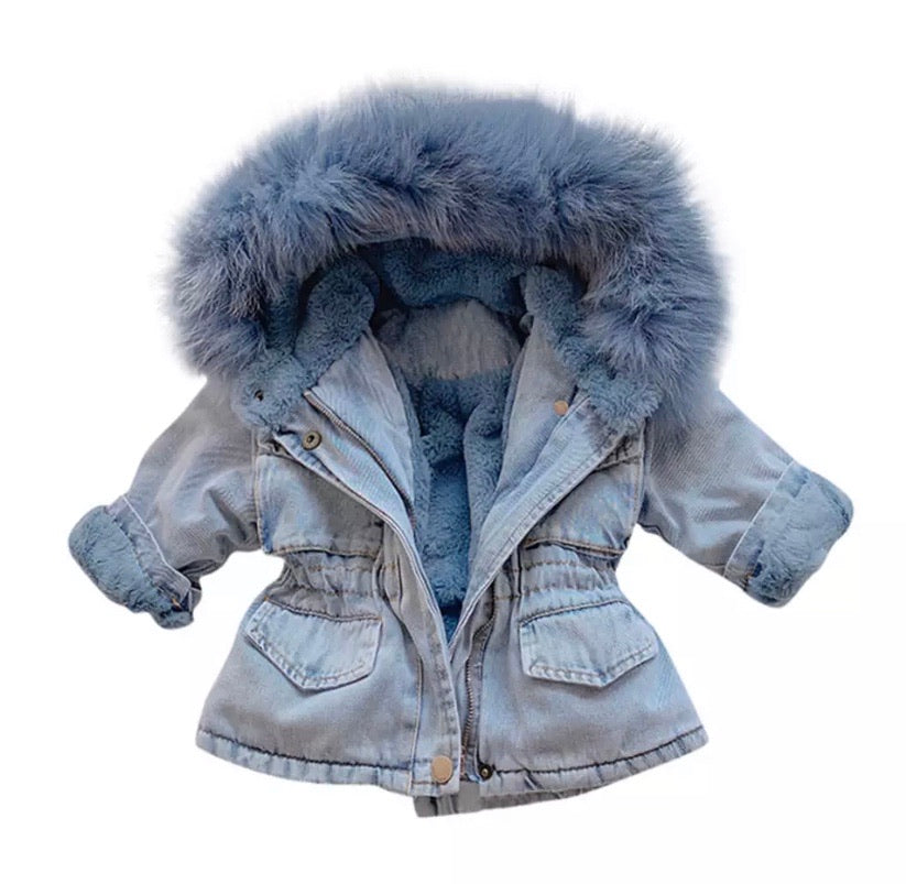 Denim jacket best sale with fluffy hood